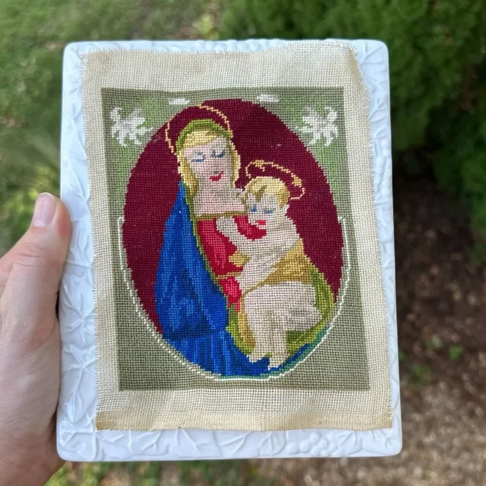 Vintage Unframed Hand-Stitched Needlepoint Virgin Mary Madonna & Child